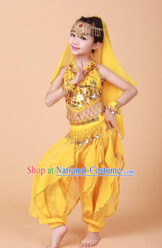 Traditional Chinese Uyghur Nationality Indian Dance Costume, China Uigurian Minority Embroidery Yellow Clothing for Kids