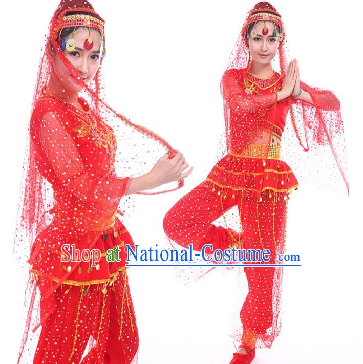 Traditional Chinese Uyghur Nationality Dance Costume, Chinese Minority Nationality Uigurian Dance Red Clothing for Women