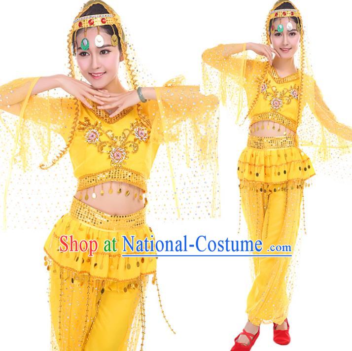 Traditional Chinese Uyghur Nationality Dance Costume, Chinese Minority Nationality Uigurian Dance Yellow Clothing for Women