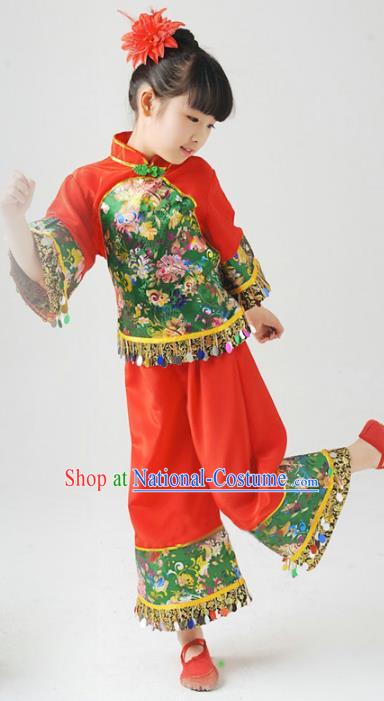 Traditional Chinese Classical Yangge Dance Embroidered Costume, Folk Dance Uniform Drum Dance Red Clothing for Kids