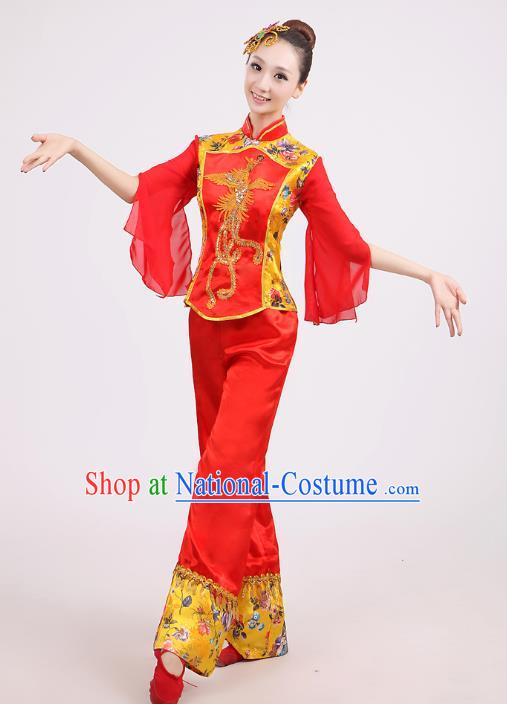 Traditional Chinese Yangge Dance Red Costume, Folk Drum Dance Uniform Classical Dance Embroidery Clothing for Women