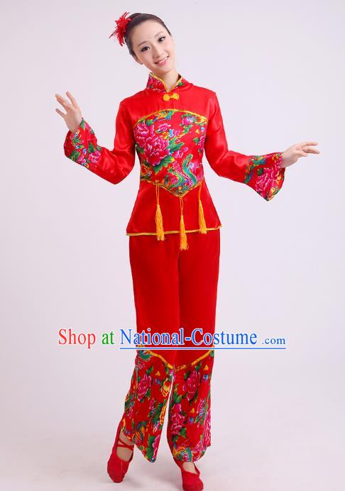 Traditional Chinese Yangge Dance Red Costume, Folk Waist Drum Dance Uniform Classical Dance Embroidery Clothing for Women