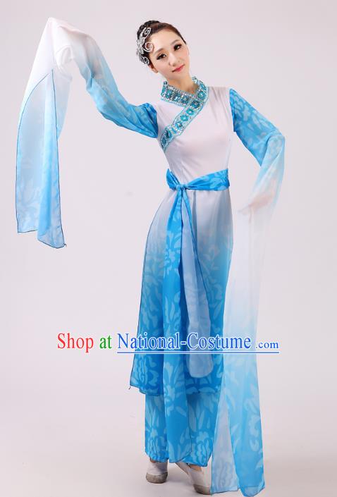 Traditional Chinese Yangge Fan Dance Dance Blue Costume, Folk Dance Uniform Classical Dance Water Sleeve Dress Clothing for Women