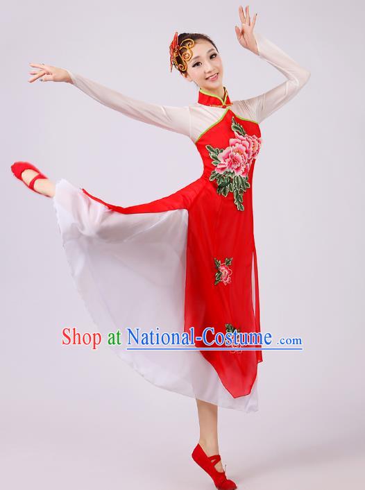 Traditional Chinese Umbrella Dance Red Embroidered Costume, Folk Dance Uniform Classical Dance Dress Clothing for Women