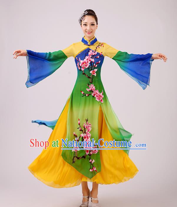 Traditional Chinese Umbrella Dance Green Embroidered Peach Blossom Costume, Folk Dance Uniform Classical Dance Dress Clothing for Women