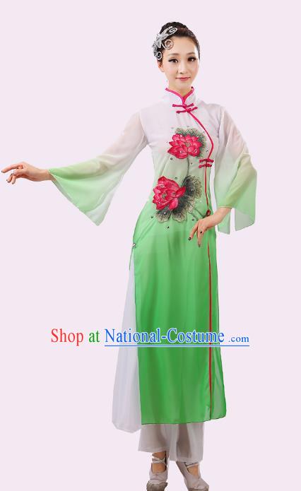 Traditional Chinese Umbrella Dance Green Embroidered Lotus Costume, Folk Fan Dance Uniform Classical Dance Dress Clothing for Women