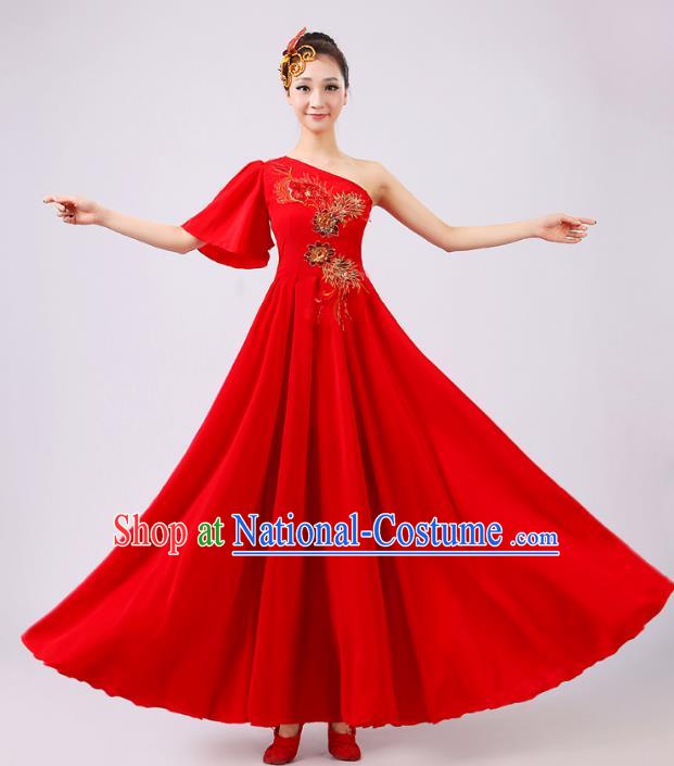 Top Grade Modern Dance Professional Competition Costume, Opening Dance Red Big Swing Chorus Dress for Women