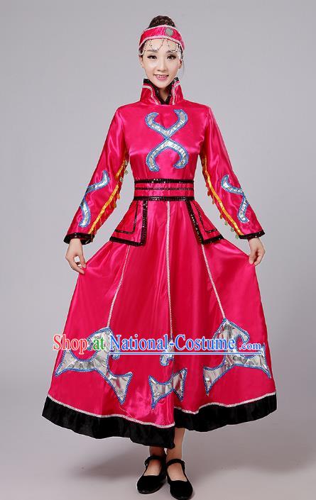 Traditional Chinese Mongol Nationality Dance Costume, China Mongolian Minority Embroidery Rosy Dress Clothing for Women