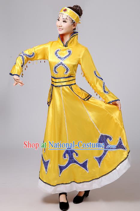 Traditional Chinese Mongol Nationality Dance Costume, China Mongolian Minority Embroidery Yellow Dress Clothing for Women