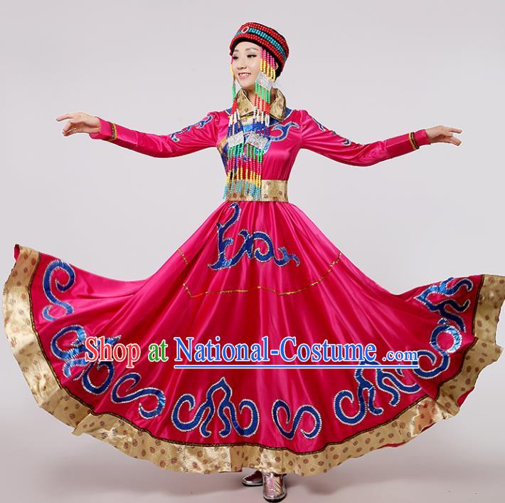 Traditional Chinese Mongol Nationality Dance Rosy Costume, China Mongolian Minority Embroidery Long Dress Clothing for Women