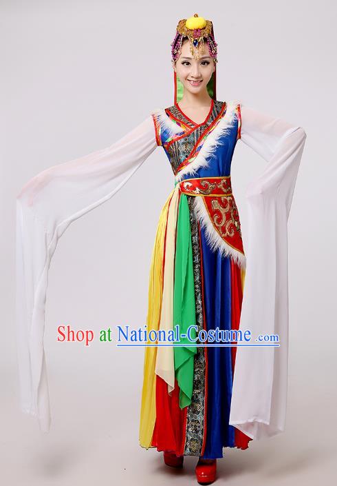 Traditional Chinese Zang Nationality Dance Costume, China Tibetan Minority Embroidery Water Sleeve Dress Clothing for Women