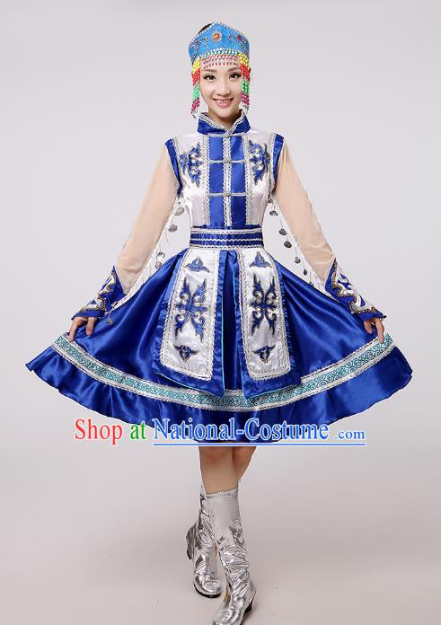 Traditional Chinese Mongol Nationality Dance Costume Blue Mongolian Robe, China Minority Embroidery Dress Clothing for Women