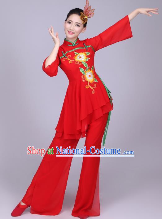 Traditional Chinese Yangge Dance Embroidered Peony Costume, Folk Fan Dance Red Uniform Classical Dance Clothing for Women