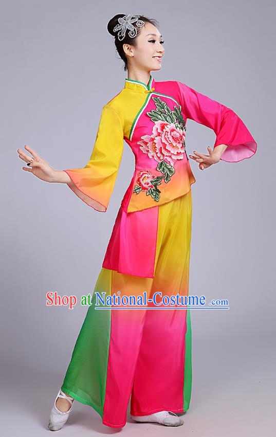 Traditional Chinese Classical Yanko Dance Embroidered Peony Pink Costume, Folk Yangge Dance Uniform Drum Dance Clothing for Women