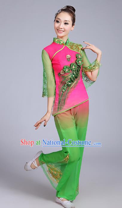 Traditional Chinese Classical Yanko Dance Embroidered Peacock Green Costume, Folk Yangge Dance Uniform Drum Dance Clothing for Women