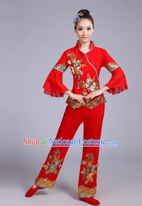 Traditional Chinese Classical Yanko Dance Embroidered Peony Red Costume, Folk Yangge Dance Uniform Drum Dance Clothing for Women