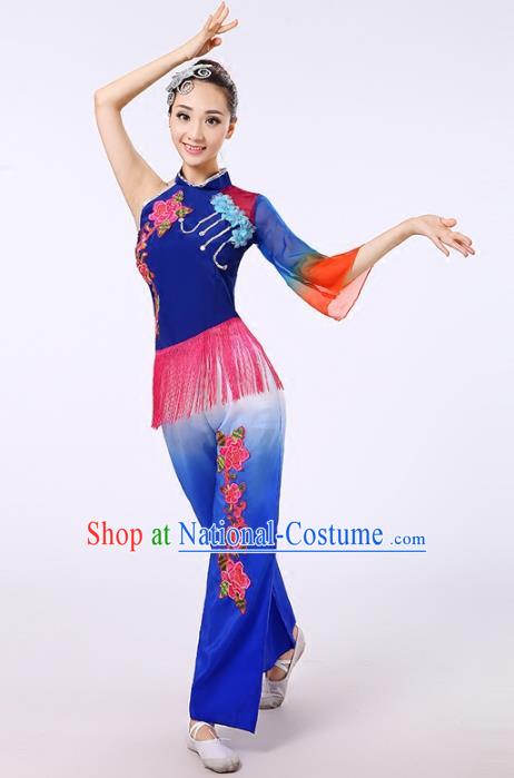 Traditional Chinese Classical Yanko Dance Embroidered Peony Blue Costume, Folk Yangge Dance Uniform Drum Dance Clothing for Women