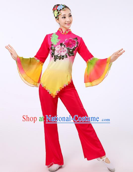 Traditional Chinese Classical Yanko Dance Embroidered Peony Rosy Costume, Folk Yangge Dance Uniform Drum Dance Clothing for Women