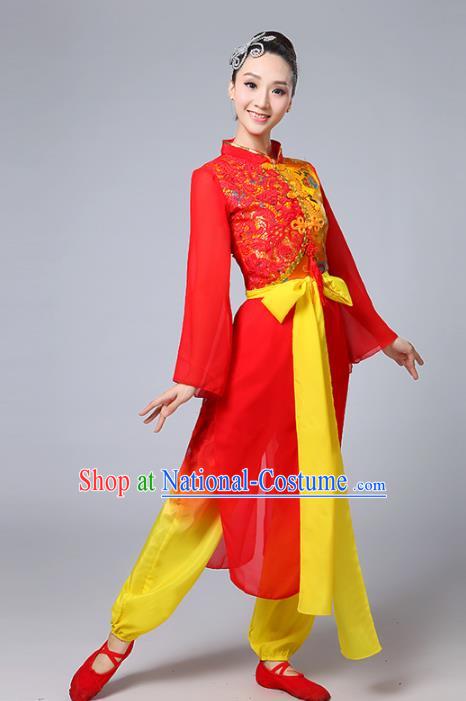 Traditional Chinese Classical Yanko Dance Red Costume, Folk Yangge Fan Dance Uniform Lotus Dance Clothing for Women