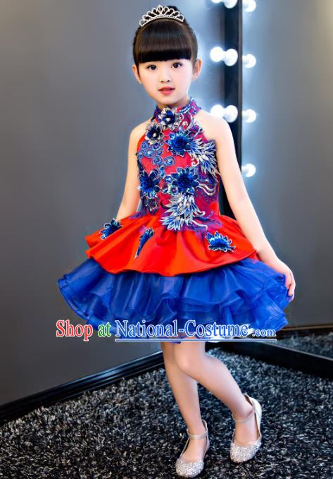 China Modern Dance Professional Competition Costume, Opening Dance Blue Embroidered Bubble Dress for Kids