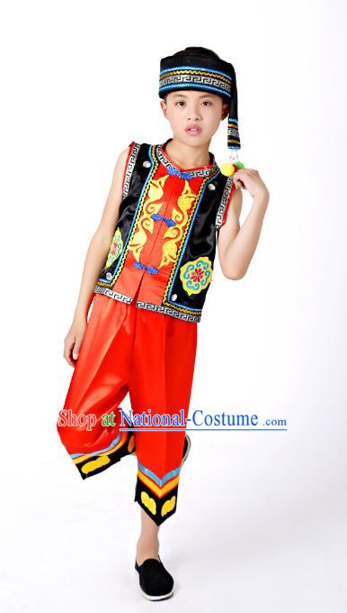 Traditional Chinese Miao Nationality Dance Costume, China Miao Minority Embroidery Black Clothing for Kids