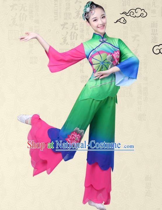 Traditional Chinese Classical Yanko Dance Printing Lotus Costume, Folk Yangge Fan Dance Green Uniform Waist Drum Dance Clothing for Women