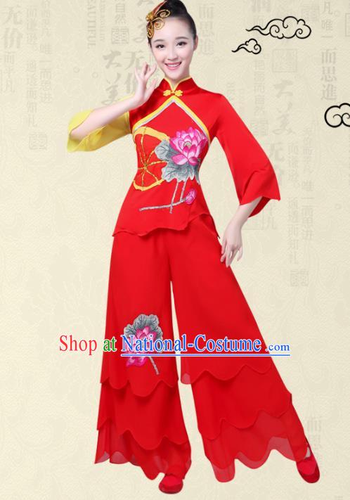 Traditional Chinese Classical Yanko Dance Printing Lotus Costume, Folk Yangge Fan Dance Red Uniform Waist Drum Dance Clothing for Women