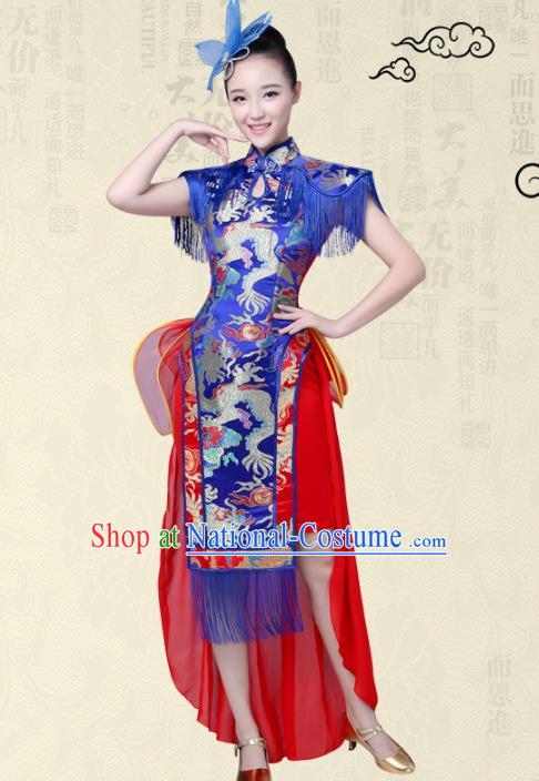 China Modern Dance Professional Chorus Competition Costume Blue Cheongsam, Opening Jazz Dance Embroidered Dress for Women