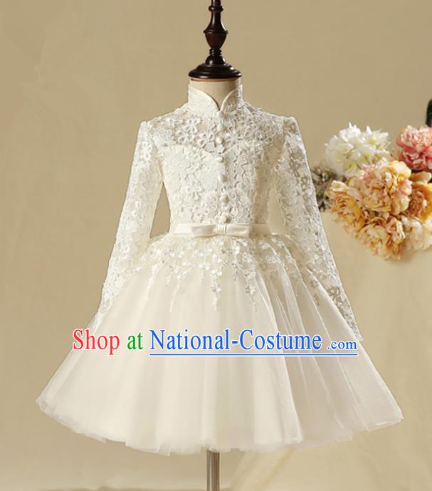 Children Modern Dance Costume Embroidery White Lace Bubble Dress, Ceremonial Occasions Performance Princess Veil Full Dress for Girls