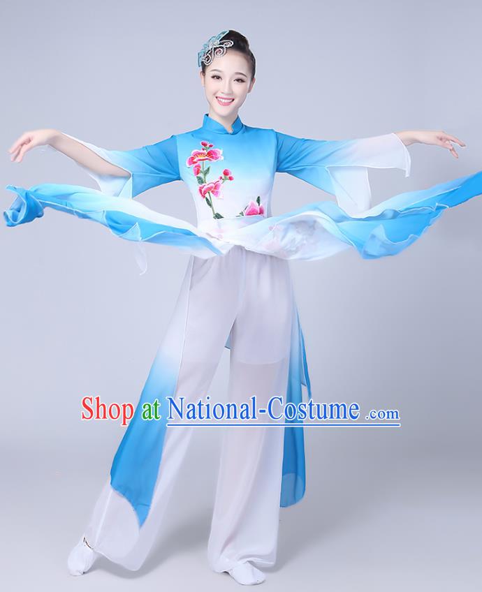 Traditional Chinese Classical Yanko Dance Embroidered Costume, Folk Fan Dance Blue Uniform Umbrella Dance Clothing for Women