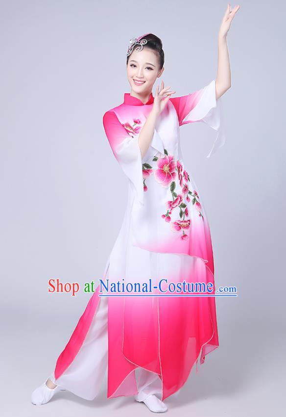 Traditional Chinese Classical Yanko Dance Embroidered Costume, Folk Fan Dance Pink Uniform Umbrella Dance Dress for Women