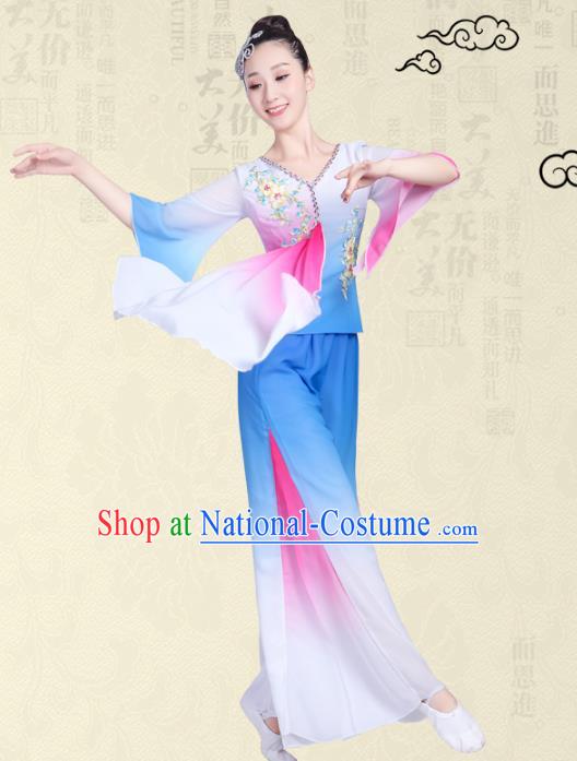 Traditional Chinese Classical Yanko Dance Embroidered Costume, Folk Fan Dance Blue Uniform Umbrella Dance Dress for Women