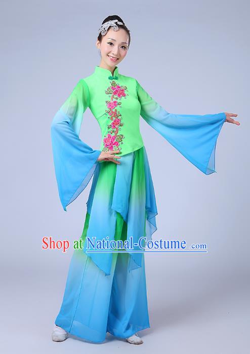 Traditional Chinese Yangge Dance Embroidered Green Costume, Folk Fan Dance Uniform Classical Drum Dance Clothing for Women