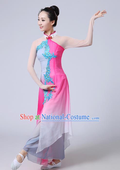 Traditional Chinese Yangge Dance Embroidered Pink Costume, Folk Fan Dance Uniform Classical Drum Dance Clothing for Women