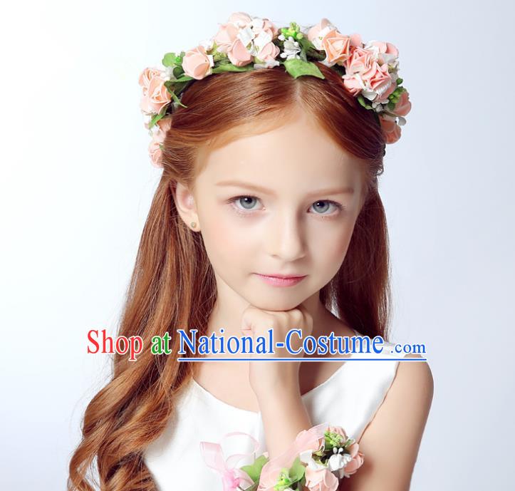 Handmade Children Hair Accessories Princess Headwear Model Show Pink Flowers Hair Clasp for Kids