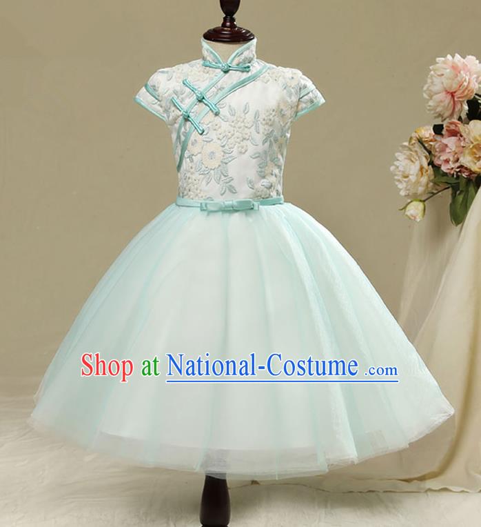 Children Modern Dance Flower Fairy Costume, Chorus Group Clothing Princess Cheongsam Green Bubble Veil Short Dress for Girls