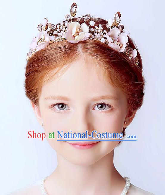 Handmade Children Hair Accessories Royal Crown, Princess Headwear Model Show Pink Flowers Hair Clasp for Kids