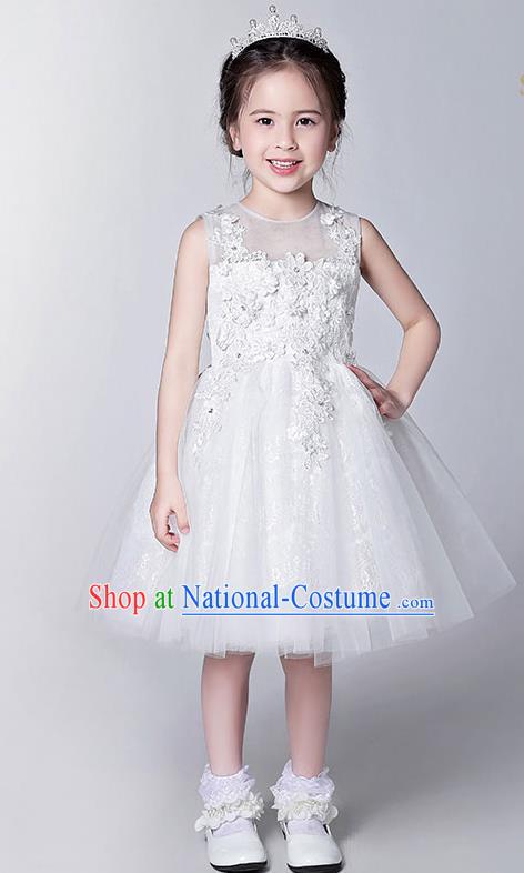 Children Modern Dance Flower Fairy Costume White Bubble Dress, Performance Model Show Clothing Princess Veil Dress for Girls