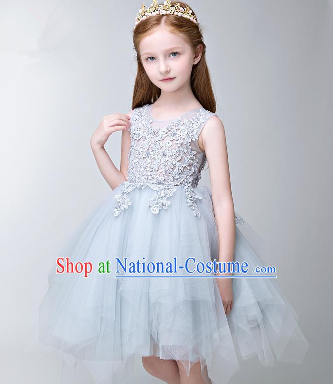 Children Modern Dance Flower Fairy Costume Blue Bubble Dress, Performance Model Show Clothing Princess Veil Dress for Girls