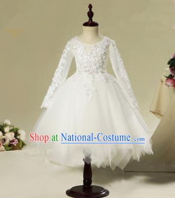 Children Modern Dance Flower Fairy Costume White Bubble Dress, Performance Model Show Clothing Princess Veil Dress for Girls