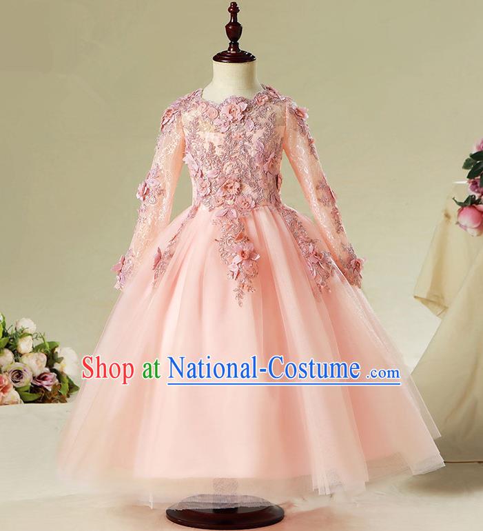 Children Modern Dance Flower Fairy Costume Pink Bubble Dress, Performance Model Show Clothing Princess Veil Long Full Dress for Girls