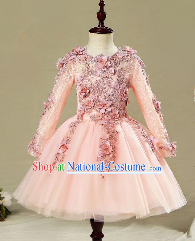 Children Modern Dance Flower Fairy Costume Pink Bubble Dress, Performance Model Show Clothing Princess Veil Short Full Dress for Girls