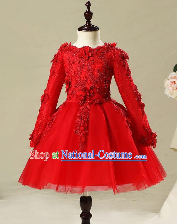 Children Modern Dance Flower Fairy Costume Red Bubble Dress, Performance Model Show Clothing Princess Veil Short Full Dress for Girls