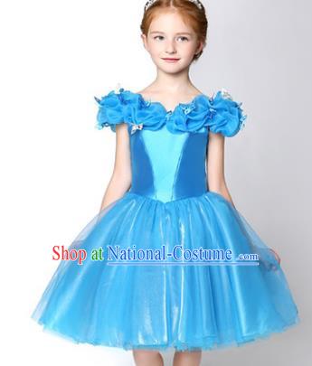 Children Modern Dance Flower Fairy Costume Blue Short Bubble Dress, Performance Model Show Clothing Princess Veil Full Dress for Girls