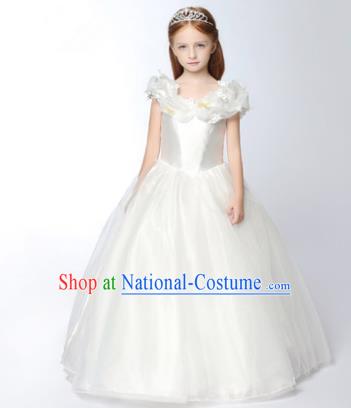 Children Modern Dance Flower Fairy Costume White Long Bubble Dress, Performance Model Show Clothing Princess Veil Full Dress for Girls