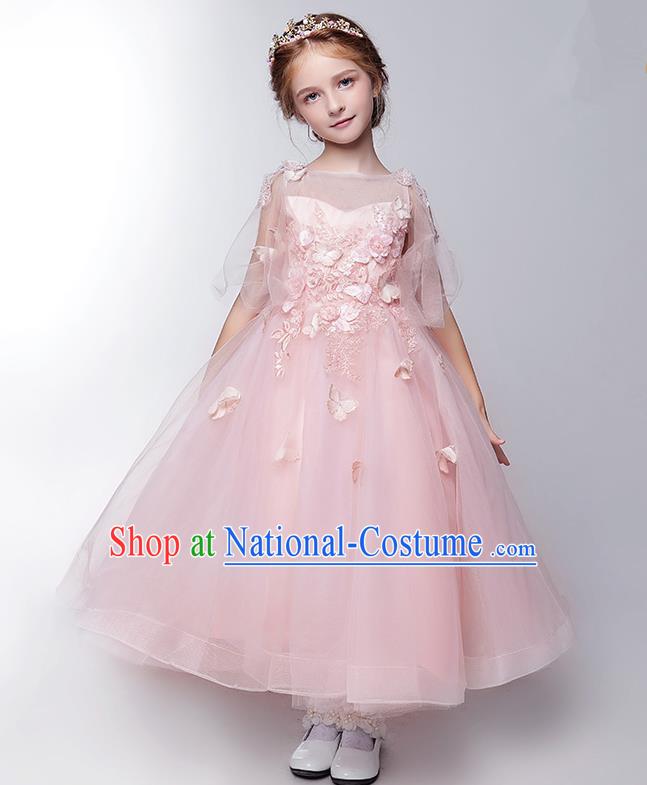 Children Modern Dance Flower Fairy Costume Pink Long Bubble Dress, Performance Model Show Clothing Princess Veil Full Dress for Girls