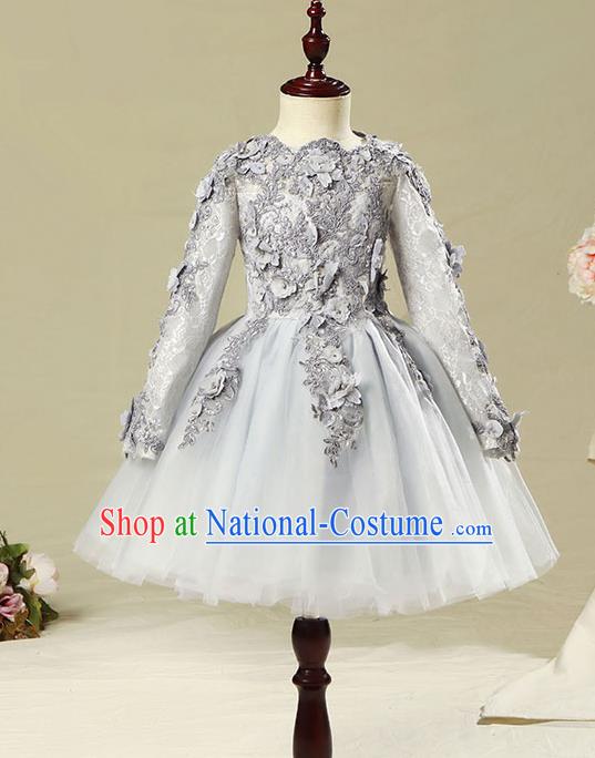 Children Modern Dance Flower Fairy Costume Grey Bubble Dress, Performance Model Show Clothing Princess Veil Short Full Dress for Girls