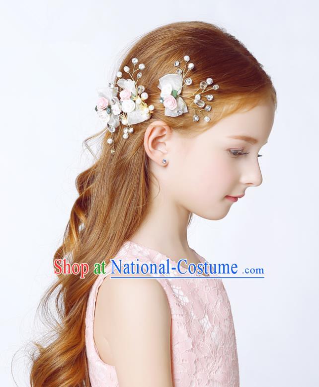 Handmade Children Hair Accessories Crystal Hair Stick, Princess Model Show Headwear White Bowknot Hair Clasp for Kids