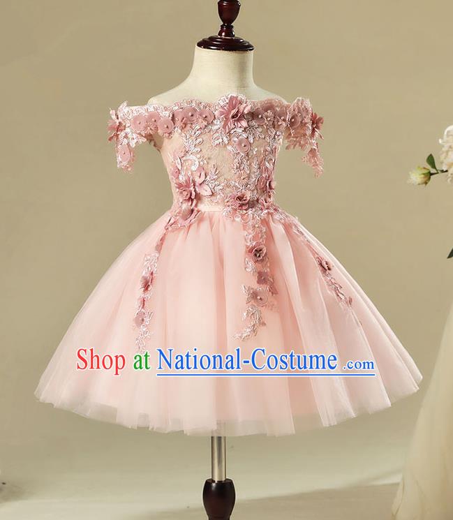 Children Modern Dance Costume Pink Off Shoulder Dress, Ceremonial Occasions Model Show Princess Veil Full Dress for Girls