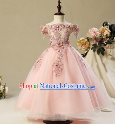 Children Modern Dance Costume Pink Off Shoulder Long Dress, Ceremonial Occasions Model Show Princess Veil Full Dress for Girls